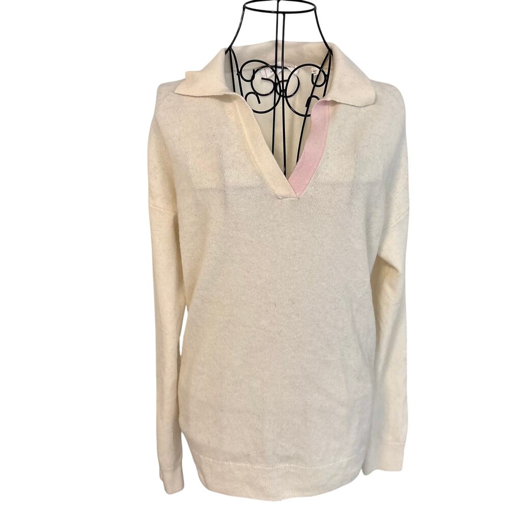 Chinti & Parker Cashmere Wool Blend Collared Pullover Sweater Cream Pink